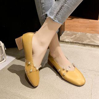 Faux Pearl Pvc Strap Block Heel Pumps