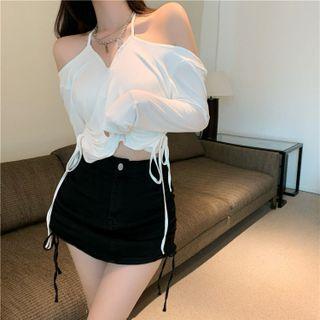 Halter-neck Cold-shoulder Drawstring Crop Top