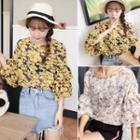 Floral Print Frilled 3/4-sleeve Chiffon Top