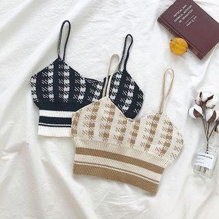 Color-block Plaid V-neck Sleeveless Knit Top