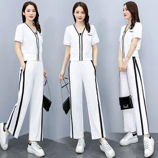 Set: Short-sleeve Contrast Trim Zip-up Top + Straight Leg Pants