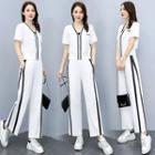 Set: Short-sleeve Contrast Trim Zip-up Top + Straight Leg Pants