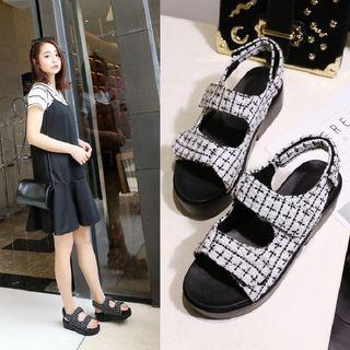 Plaid Fabric Hook & Loop Platform Sandals