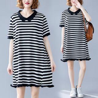 Wood Ear Trim Panel Striped Dress