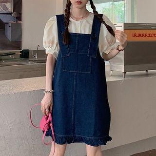 Ruffled Denim A-line Overall Dress / Puff-sleeve Blouse