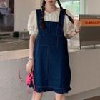 Ruffled Denim A-line Overall Dress / Puff-sleeve Blouse