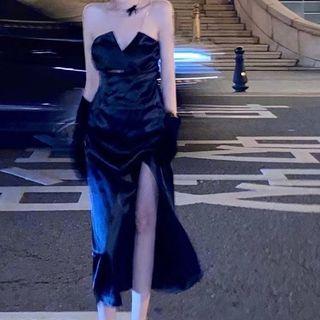 Strappy Rhinestone Chain Slit Midi A-line Dress
