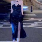 Strappy Rhinestone Chain Slit Midi A-line Dress