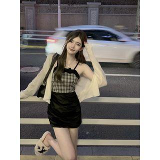 Spaghetti Strap Plaid Panel Bodycon Dress / Cardigan