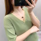 V-neck Short-sleeve Ribbed Knit Top
