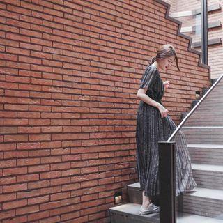 Gathered-waist Patterned Long Dress
