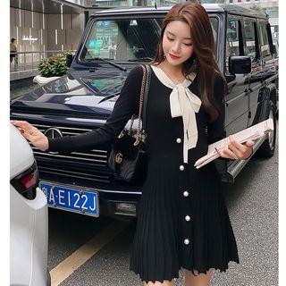 Long-sleeve Tie-neck Mini A-line Knit Dress