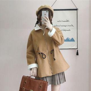 Drawstring Waist Zip Jacket As Shown In Figure - One Size