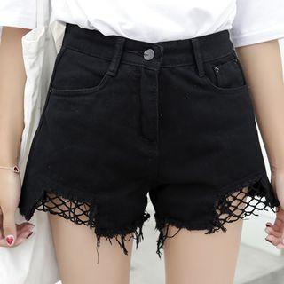 Mesh Panel Fray Denim Shorts