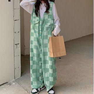 Checkered Jumper Pants / Long-sleeve Plain T-shirt