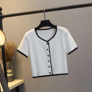 Short-sleeve Contrast-trim Buttoned Knit Top