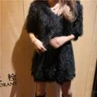 Elbow-sleeve Furry Mini Dress Black - One Size