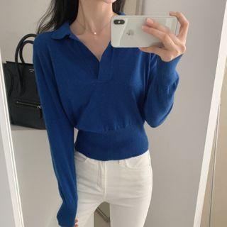 Long-sleeve Polo Neck Plain Top