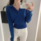 Long-sleeve Polo Neck Plain Top