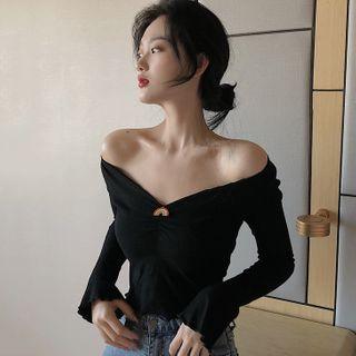 Off-shoulder Flared-cuff Top Black - One Size