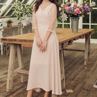 3/4-sleeve Embroidered Mesh Paneled A-line Midi Dress