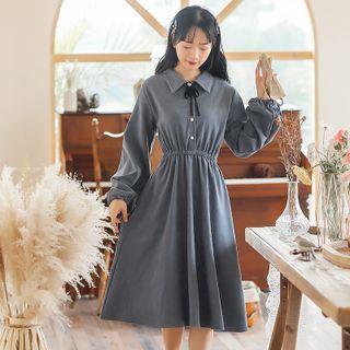 Puff-sleeve Embroidered Trim Collar A-line Dress