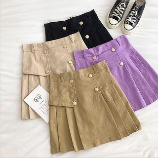 Plain Double-breasted High-waist Pleated A-line Skirt