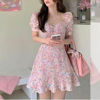 Puff-sleeve Sweetheart Neckline Floral Print Ruffle-trim A-line Mini Dress