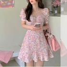 Puff-sleeve Sweetheart Neckline Floral Print Ruffle-trim A-line Mini Dress