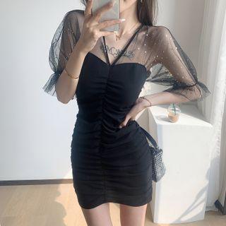 Short-sleeve Glitter Mesh Mini Bodycon Dress
