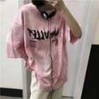 Elbow-sleeve Tie-dyed Letter Print T-shirt