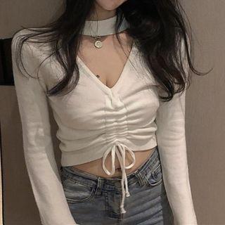 Long-sleeve V-neck Halter Plain Drawstring Knit Top