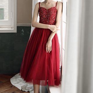 Jeweled Mesh Panel Sleeveless Cocktail Dress