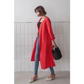 Belted-detail Open-front Long Jacket