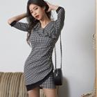 Elbow-sleeve Gingham Ruffled Sheath Dress