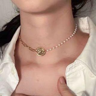 Alloy Coin Pendant Faux Pearl Necklace