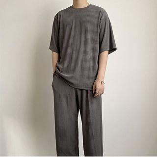 Set: Short-sleeve Plain T-shirt + Straight Leg Pants