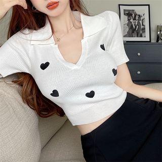 Short-sleeve Heart Print Polo Knit Top / Skort