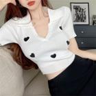 Short-sleeve Heart Print Polo Knit Top / Skort