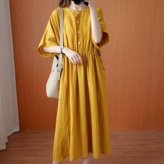 Elbow-sleeve Linen Midi Dress Yellow - One Size