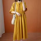 Elbow-sleeve Linen Midi Dress Yellow - One Size