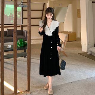 Puff-sleeve Collared Midi A-line Velvet Dress Black - One Size
