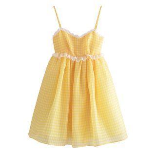 Spaghetti Strap Gingham Lace Trim A-line Dress