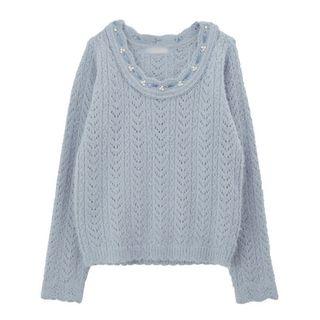 Faux-pearl Detail Crochet Knit Sweater