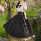 Set: Puff-sleeve Lace Trim Shirt + Lace Up Midi A-line Skirt + Bow Tie