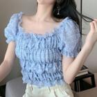 Puff Short-sleeve Off-shoulder Perforated Lace Ruched Top