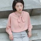 Plain Tie-neck Long-sleeve Blouse Pink - One Size