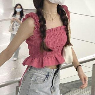 Ruffle Trim Crop Tank Top Rose Pink - One Size