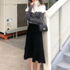 Frilled Melange Sweater / Knit Midi A-line Skirt