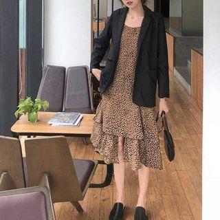 Long-sleeve Plain Blazer / Spaghetti-strap Animal Printed Dress